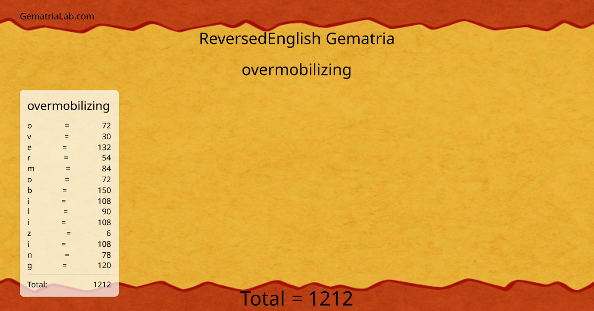 overmobilizing in reversedEnglish Gematria