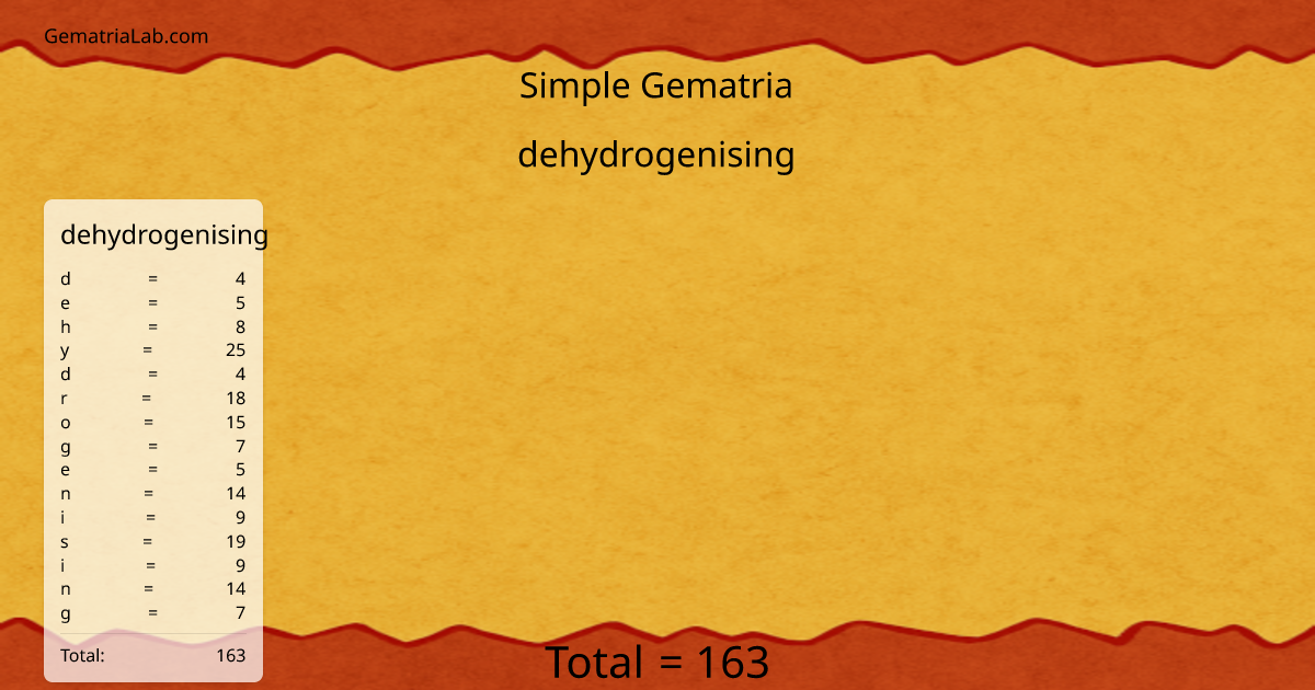 dehydrogenising in simple Gematria