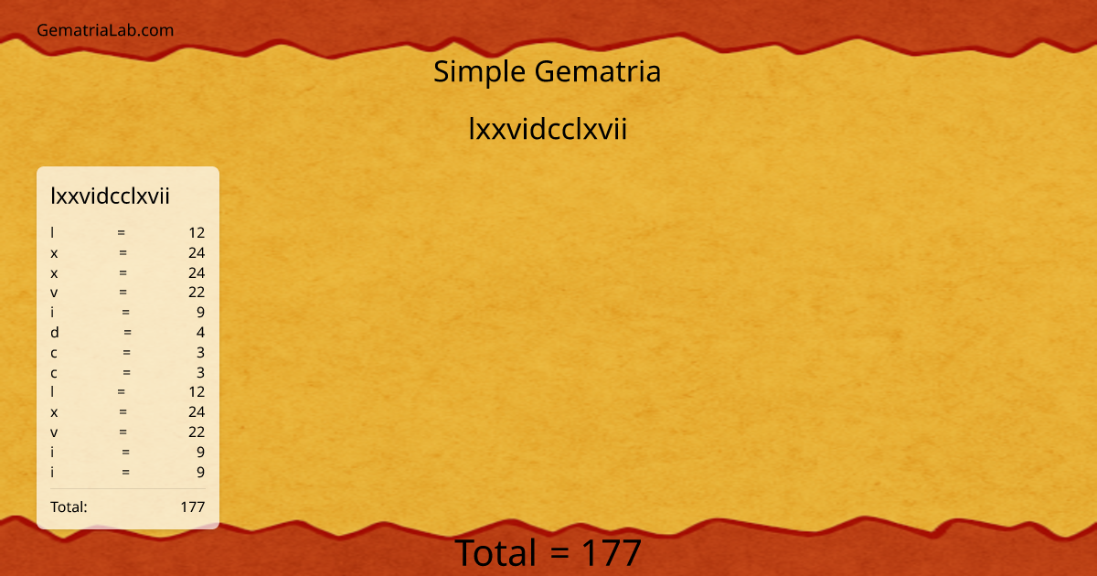 lxxvidcclxvii in simple Gematria